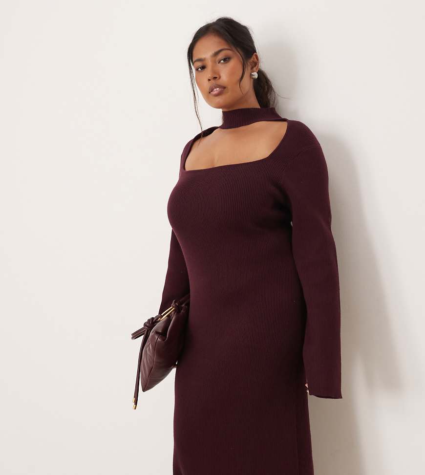 Pretty Lavish Curve - Midaxikleid aus Strick in Weinrot mit Zierausschnitt von Pretty Lavish Curve