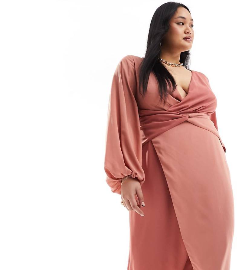 Pretty Lavish Curve - Wadenlanges Kleid in Terrakotta mit geknoteter Vorderseite und Kontrast-Design-Orange von Pretty Lavish Curve