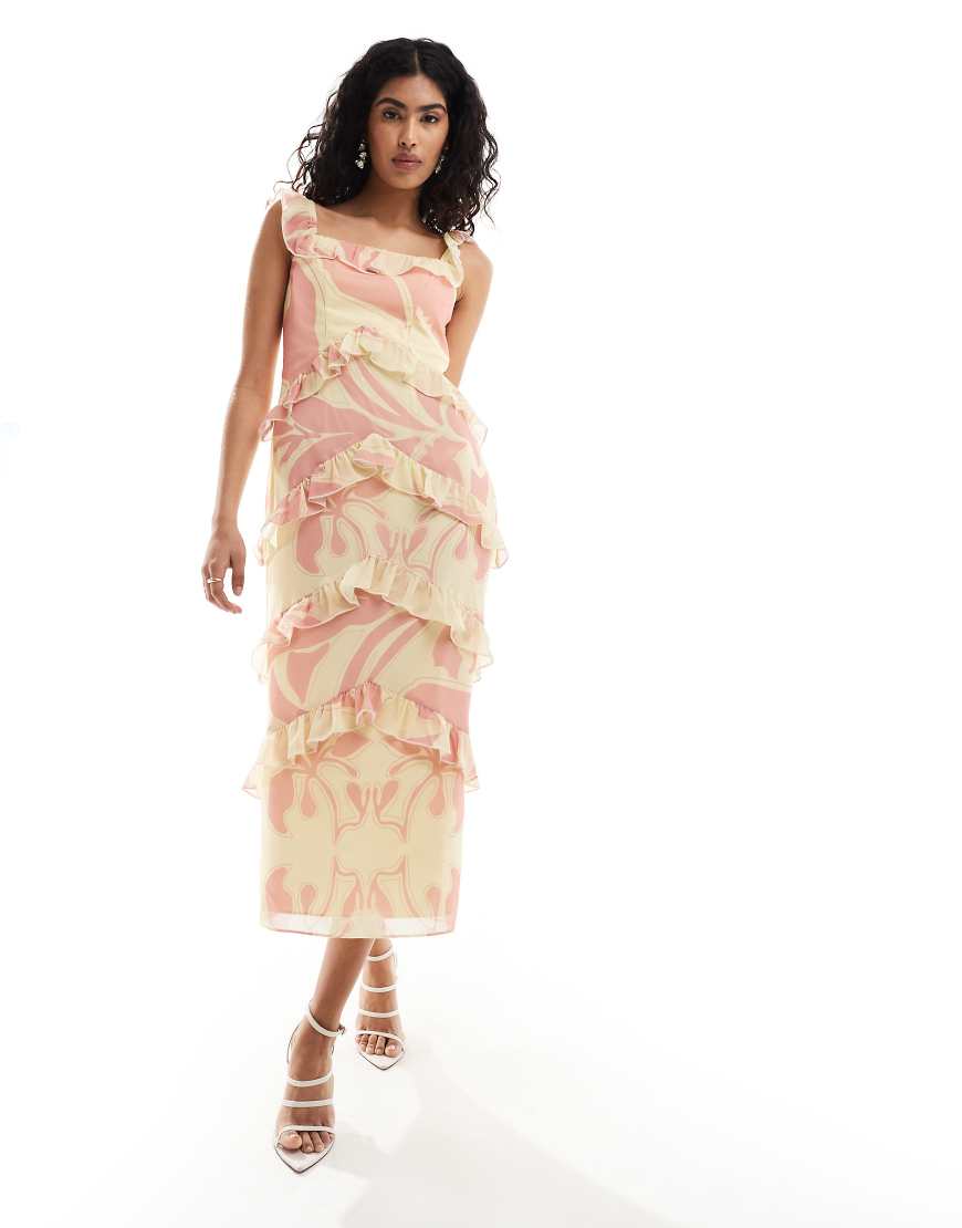 Pretty Lavish - Cecile - Wadenlanges Kleid in leuchtendem Zitronengelb mit Blumenmuster und Rüschen, exklusiv bei ASOS Pretty Lavish - Cecile - Wadenlanges Kleid in leuchtendem Zitronengelb mit Blumenmuster und Rüschen, exklusiv bei ASOS von Pretty Lavish