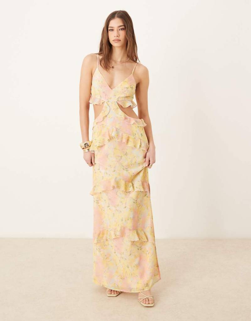 Pretty Lavish - Gerüschtes Maxikleid mit Cut-out und leuchtendem abstraktem Blumenmuster-Bunt von Pretty Lavish