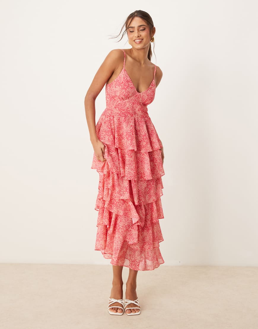 Pretty Lavish - Gestuftes Midaxi-Kleid in Rosa mit abstraktem Blumenmuster-Bunt von Pretty Lavish