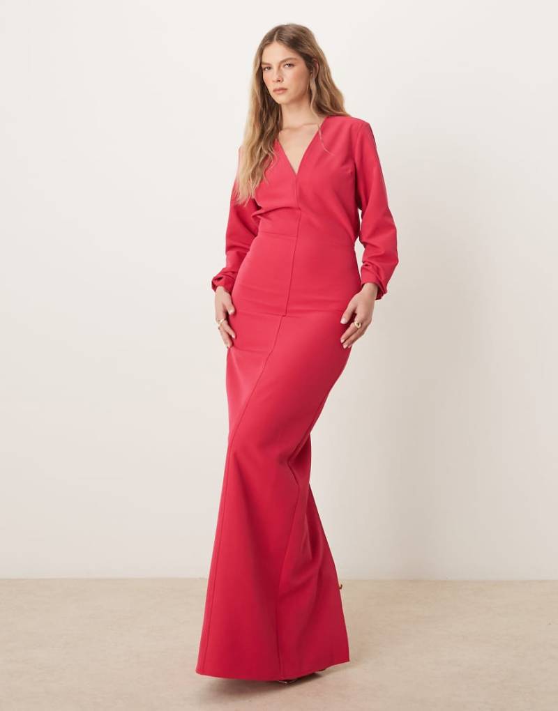 Pretty Lavish - Langärmliges Maxikleid in Fuchsia mit tiefem Ausschnitt-Rosa von Pretty Lavish
