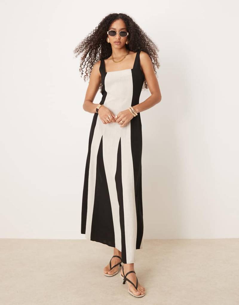 Pretty Lavish - Maxikleid in Leinenoptik mit eckigem Ausschnitt und Design in Schwarz und Creme von Pretty Lavish