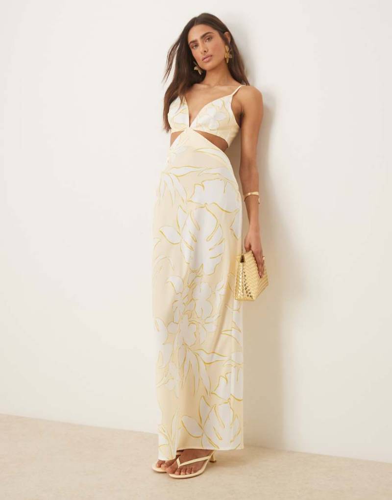 Pretty Lavish - Maxikleid in Zitronengelb mit Blumenmuster und Zierausschnitten-Bunt von Pretty Lavish