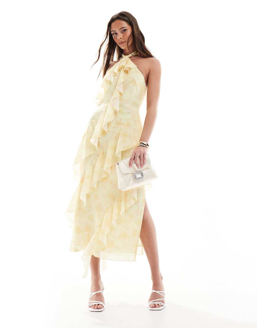 Pretty Lavish - Midaxikleid in Zitronengelb mit Neckholder-Träger, Rüschen und Blumenmuster-Bunt von Pretty Lavish