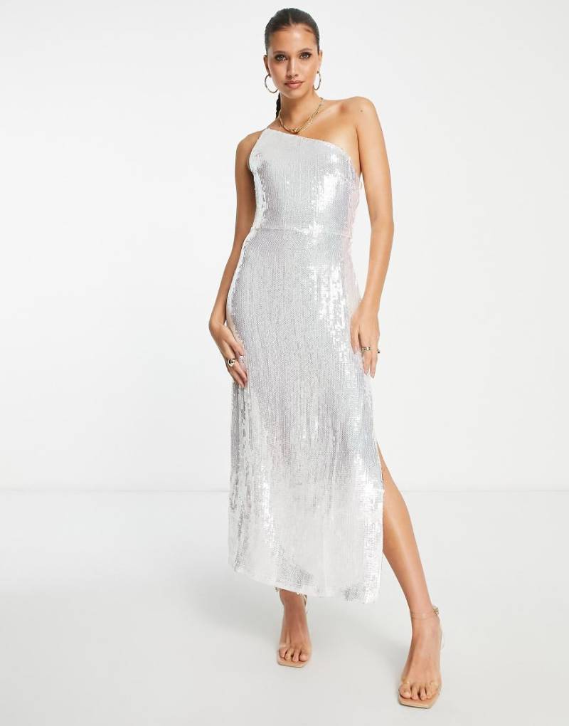 Pretty Lavish - Verziertes Maxikleid mit One-Shoulder-Träger und Schlitz bis zum Oberschenkel in Silber Pretty Lavish - Verziertes Maxikleid mit One-Shoulder-Träger und Schlitz bis zum Oberschenkel in Silber von Pretty Lavish