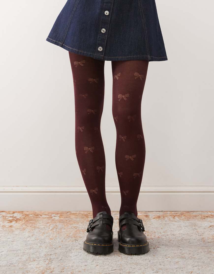 Pretty Polly - Strumpfhose in Burgunderrot mit Schleifenmuster von Pretty Polly