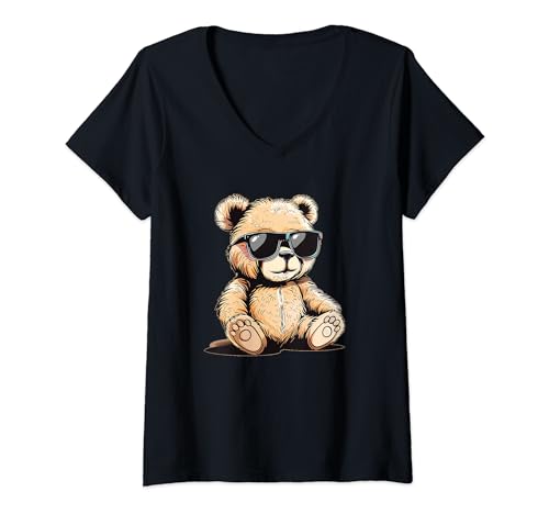 Damen Lustiger Teddybär mit schöner Sonnenbrille T-Shirt mit V-Ausschnitt von Pretty Teddy with sunglasses