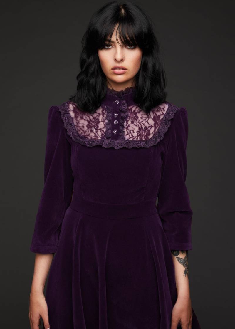 Lila Samtkleid Mit Hohem Kragen Und Spitzendetails - Gothic Samt Goth Kleid Alternative Mode Lila Samtkleid Mit Hohem Kragen Und Spitzendetails - Gothic Samt Goth Kleid Alternative Mode von PrettyAttitudeShop