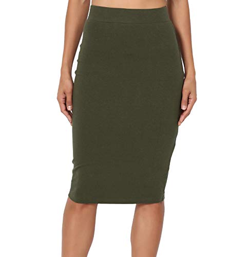 PrettyFashion Damen Midi Rock Stretch Figurbetont Business Bleistift Röcke (Khaki, M) von PrettyFashion