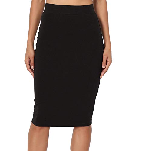 PrettyFashion Damen Midi Rock Stretch Figurbetont Business Bleistift Röcke (Schwarz, L) von PrettyFashion