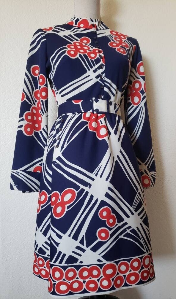 1960Er Jahre Miriam Susskin Für Mel Naftal Kleid Shirtkleid Blau Weiß Rot Mod Floral Gestreift von PrettyFrenchie