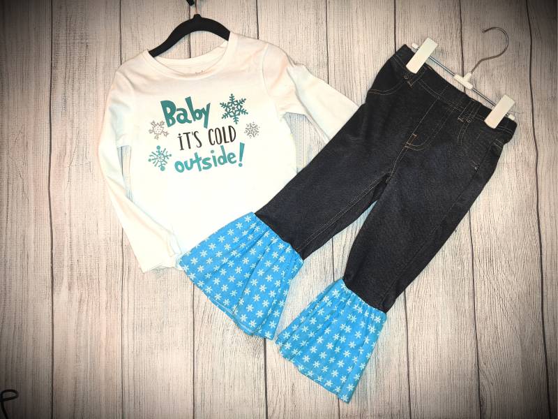 Mädchen 3T Outfit "Baby Es Kalt Draußen" Hemd Und Denim "Jegging" Urlaub Schneeflocke Weihnachten Schlaghosen Set Größe Sofort Lieferbar" von PrettyGirlFashions