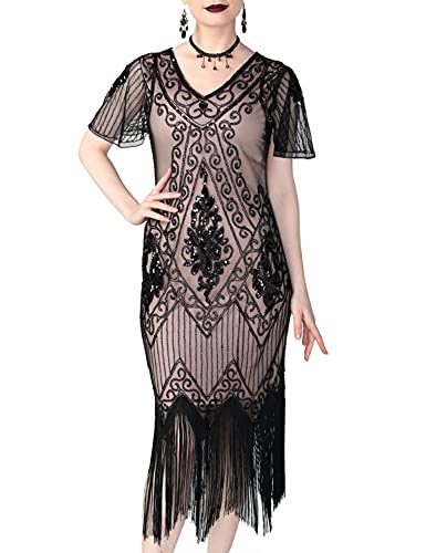 PrettyGuide Damen 1920er Charleston Kleid Pailetten Cocktail Flapper Kleid Mit Ärmel, XXX-Large, Schwarz Beige von PrettyGuide