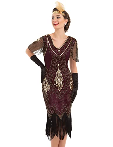 PrettyGuide Damen 1920er Charleston Kleid Pailetten Cocktail Flapper Kleid Mit Ärmel XXL/EU48-50 Burgund Gold von PrettyGuide