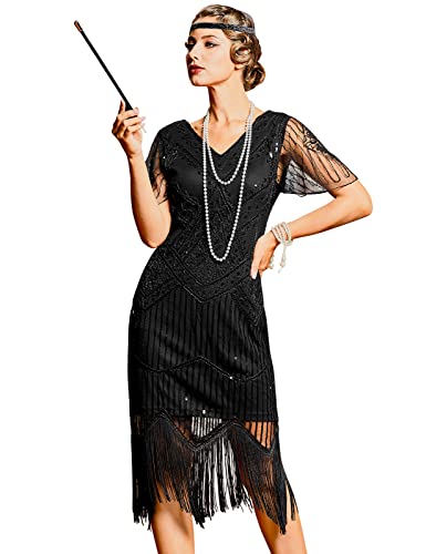 PrettyGuide Damen 1920er Flapperkleid Kurzarm Glitzer Pailletten inspiriert Fransen Party Cocktail Kleider - Schwarz - 50/52 DE von PrettyGuide