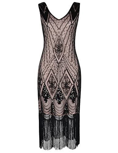 PrettyGuide Damen 1920er Gatsby Art Deco Pailletten Cocktail Charleston Kleid XXL Schwarz beige von PrettyGuide