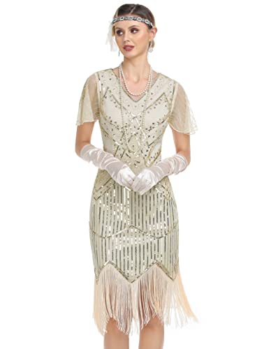 PrettyGuide Damen 1920er Jahre Flapper Kleid Kurzarm Glitzer Pailletten Inspiriert Fransen Party Cocktail Kleider, Goldbeige (mit Zubehör), 38-40 von PrettyGuide