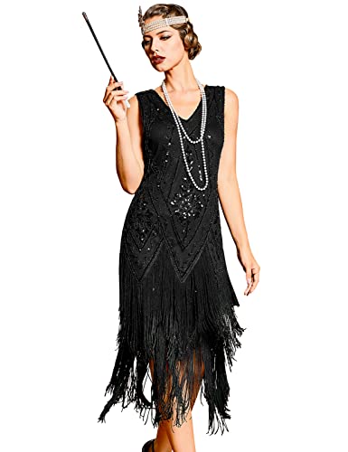PrettyGuide Damen 1920er Jahre Flapper Kleid Vintage Swing Fransen Gatsby Roaring 20er Jahre Kleid, Schwarz, 42-44 von PrettyGuide