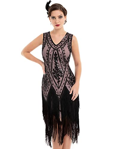 PrettyGuide Damen 1920er Jahre Flapper Kleid Vintage Swing Fransen Gatsby Roaring 20er Jahre Kleid, Schwarz / Beige, 48-50 von PrettyGuide