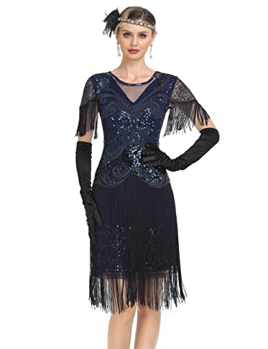 PrettyGuide Damen 1920er Jahre Gatsby Kleid Lang Fransen Vintage Pailletten Art Deco Cocktail Flapper Kleid mit Ärmeln, Marineblau, 36 von PrettyGuide