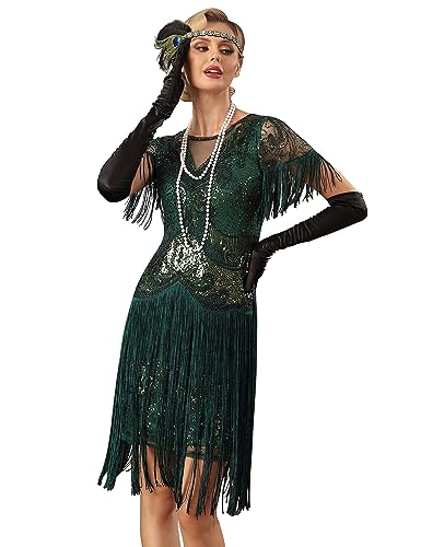 PrettyGuide Damen 1920er Jahre Gatsby Kleid Lange Fransen Vintage Pailletten Art Deco Cocktail Flapper Kleid mit Ärmeln, Dunkelgrün, 40 von PrettyGuide