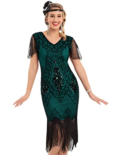 PrettyGuide Damen 1920er Jahre Kleid Pailletten Art Deco Flapper Kleid mit Ärmeln, Schwarz Malachit Grün, 44-46 von PrettyGuide