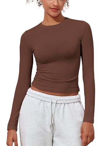 PrettyGuide Damen Baumwolljersey Langarmshirts Slim Fit Rundhalsausschnitt Crop Tops Basic Herbst Ausgehen Y2K Tops, Kaffee, 36-38 von PrettyGuide