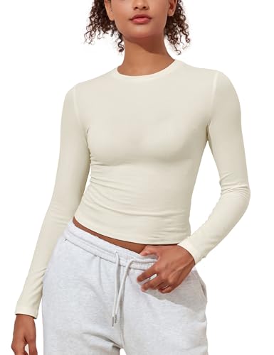 PrettyGuide Damen Baumwolljersey Langarmshirts Slim Fit Rundhalsausschnitt Crop Tops Basic Herbst Ausgehen Y2K Tops, Knochen, 32-34 von PrettyGuide