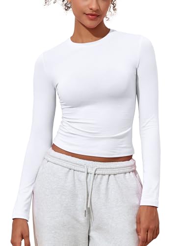 PrettyGuide Damen Baumwolljersey Langarmshirts Slim Fit Rundhalsausschnitt Crop Tops Basic Herbst Ausgehen Y2K Tops, Weiss/opulenter Garten, 44-46 von PrettyGuide