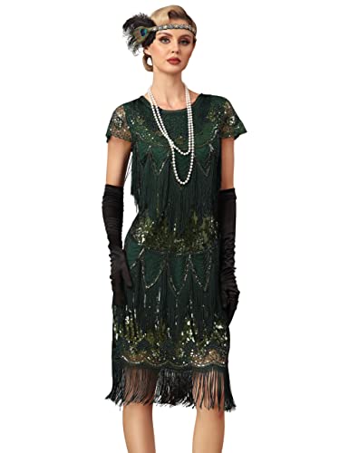 PrettyGuide Damen Flapper Kleid mit Ärmeln Art Deco Pailletten Perlen Fransen 1920er Vintage Great Gatsby Party Kleid, Dunkelgrün, 38 von PrettyGuide