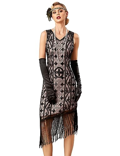 PrettyGuide Damen Flapper Kleider 1920er Jahre Gatsby Pailletten Fransen Ärmellos Brüllen 20er Jahre Cocktailkleid, Schwarz / Beige, Groß von PrettyGuide