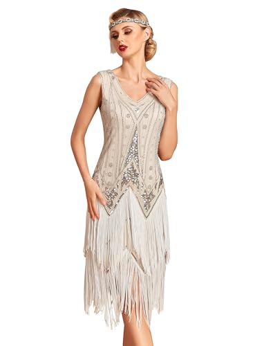 PrettyGuide Damen Flapper Kleider Pailletten Perlen Fransen Kleid V Ausschnitt 1920er Jahre Kleid Art Deco Great Gatsby Kleid, Beige Silber, Mittel von PrettyGuide