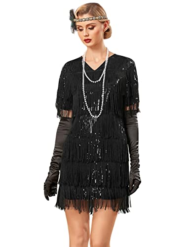 PrettyGuide Damen Flapper Kleider mit Ärmeln gestuft Lang Fransen Pailletten 1920er Great Gatsby Cocktailkleid Kostüm, Schwarz, 52 von PrettyGuide