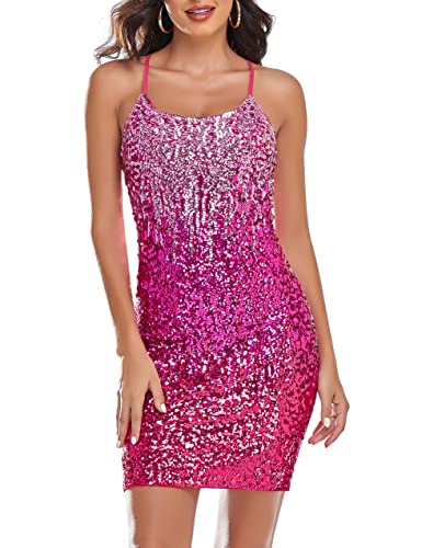 PrettyGuide Damen Glitzernde Pailletten Kleid Verstellbare Spaghetti Träger Schimmer Bodycon Mini Club Kleider Party Nacht, Helles Pink/Rosa/Hot Pink, X-Groß von PrettyGuide