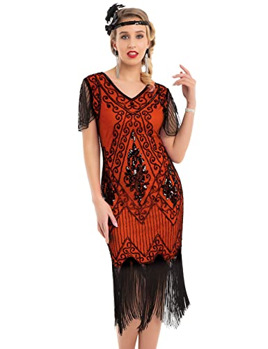 PrettyGuide Damen-Kleid im 1920er Jahre Art Deco-Stil mit Pailletten, Flapper-Kleid mit Ärmeln - Orange - von PrettyGuide