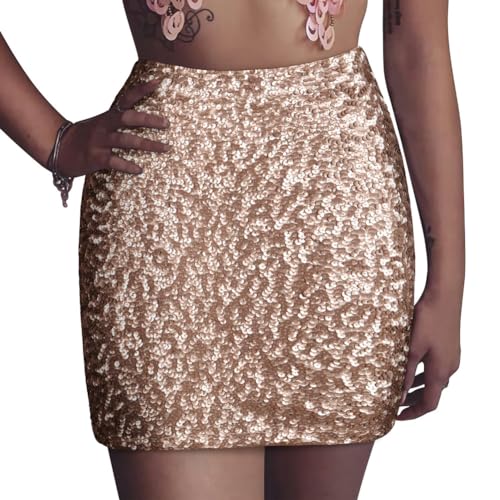 PrettyGuide Damen Kurz Pailletten Rock Stretchy GlitzerBodycon Mini Rock Clubwear S Champagner von PrettyGuide