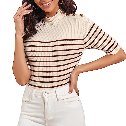 PrettyGuide Damen Kurzarm Strick Tops Mock Neck mit Knopf Pullover Slim Fit Casual Business Gerippt Basic Top, Apricot Brown Stripe, Klein von PrettyGuide