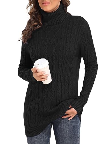 PrettyGuide Damen Lange Pullover Rollkragen Zopfmuster Tunika Winterpullover L Schwarz von PrettyGuide