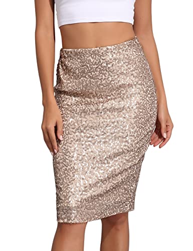 PrettyGuide Damen Pailletten Rock Hohe Taille Funkeln Bleistift Rock Party Cocktail XL Champagner von PrettyGuide