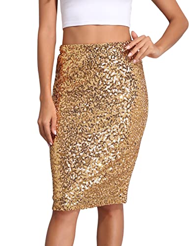 PrettyGuide Damen Pailletten Rock Hohe Taille Funkeln Bleistift Rock Party Cocktail XL Gold von PrettyGuide