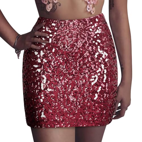 PrettyGuide Damen Pailletten Rock Stretchy Bodycon Glam Mini Club Rock M Burgund von PrettyGuide