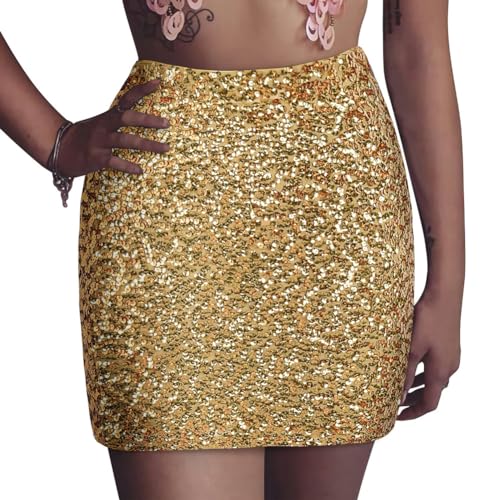 PrettyGuide Damen Paillettenrock Stretch Eng anliegend Glitzer Minirock zum Ausgehen - Gold - 32 DE/34 DE Small von PrettyGuide