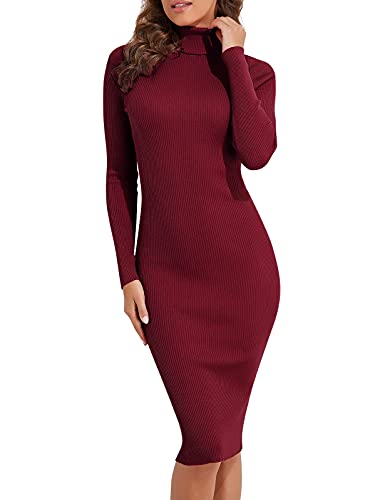 PrettyGuide Damen Pullover Rollkragen Rippstrick Slim Fit Langarm Midi Pulloverkleid - Rot - Klein von PrettyGuide