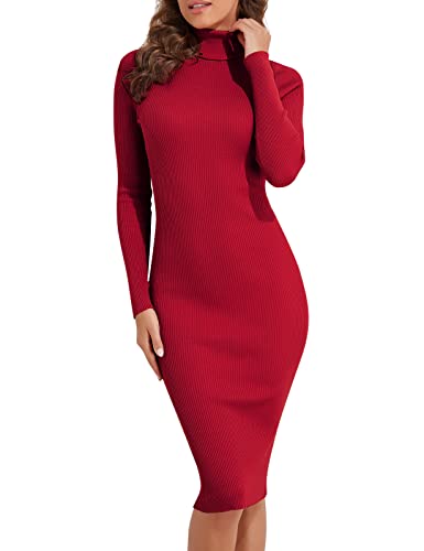 PrettyGuide Damen Rollkragen Pulloverkleid Langarm Rippstrick Stretch Midi Bodycon Kleider, rot, Mittel von PrettyGuide