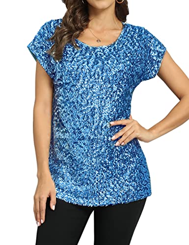 PrettyGuide Glitzerndes Pailletten-Top für Damen, lose Fledermausärmel, Party, Tunika, Tops - Blau - von PrettyGuide