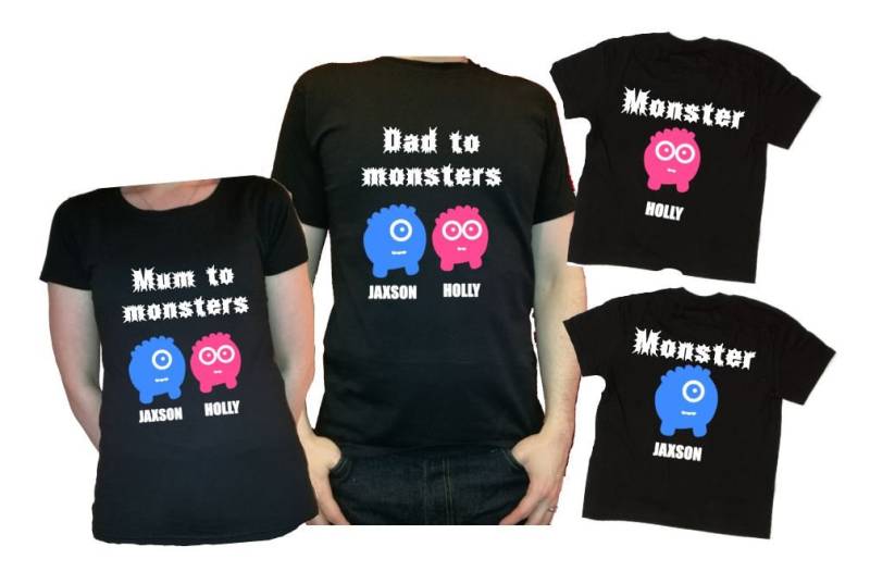 Personalisiertes Halloween Familien T-Shirt Set Mama, Papa Der Monster - Deine Namen Kindermonster Trick Oder Leckerli Kostüm Ausgefallene Tröpfchen von PrettyLittleCustoms1