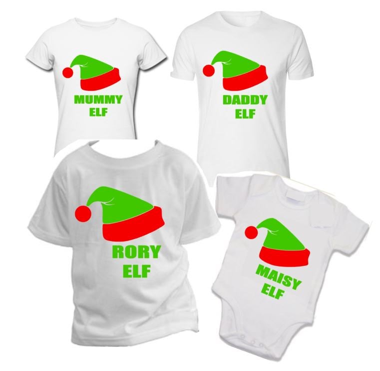 Personalisiertes Weihnachts-Weihnachts-Familien-T-Shirt-Set Mama Elfe, Papa-Elfe - Ihre Namen Kinderelfe Kostüm Ausgefallene Dres von PrettyLittleCustoms1