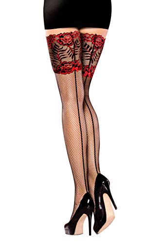 PrettyLoveHose Schwarze Strümpfe, Spitze, Blumenmuster, Rot (Schleier, Netz), selbsthaftend, Silikon, Schwarz , One size von PrettyLoveHose