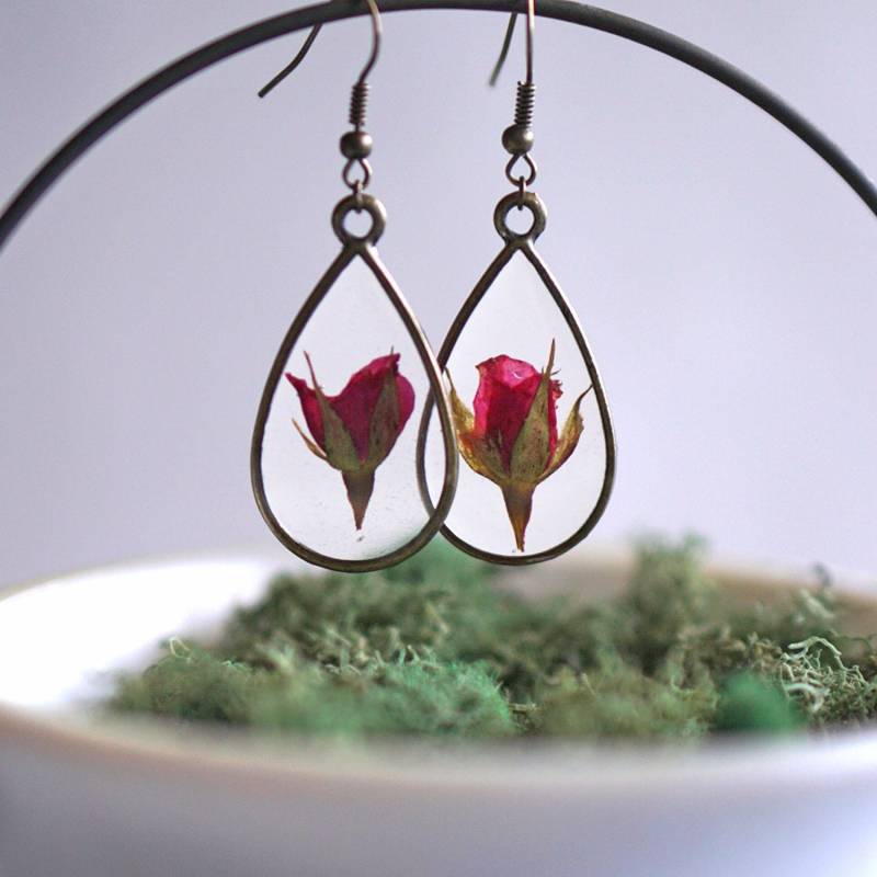 Juni Geburtsblume Ohrringe, Rose Teardrop Geschenk, Schmuck Set, Echte Blume von PrettyPickle